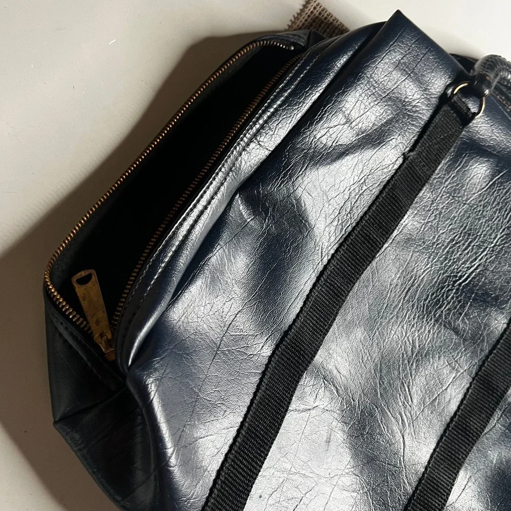 Vintage 70s Navy Blue Faux Leather Briefcase Zippered Document Bag Laptop Case